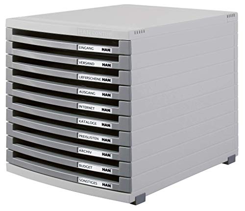 HAN Schubladenbox CONTUR – modernes und modular erweiterbares Schubladensystem, mit 10 offenen Schubladen bis Format DIN B4, lichtgrau-dunkelgrau, 1510-0-19 von HAN