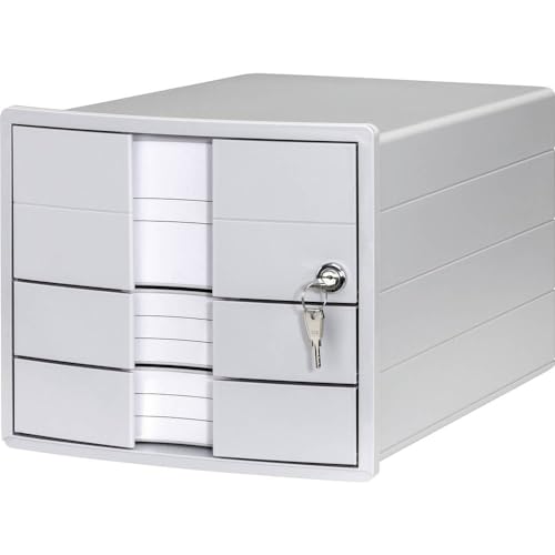 HAN Schubladenbox IMPULS 2.0 abschließbar mit 3 geschlossenen Schubladen für DIN A4/C4 inkl. Beschriftungsschilder, Unterlagenbox, Boden mit Auszugsperre, möbelschonende Gummifüße, 1018-11, lichtgrau von HAN