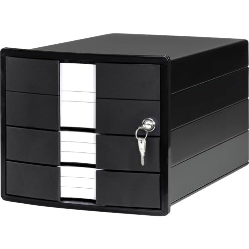 HAN Schubladenbox IMPULS 2.0 abschließbar mit 3 geschlossenen Schubladen für DIN A4/C4 inkl. Beschriftungsschilder, Unterlagenbox, Boden mit Auszugsperre, möbelschonende Gummifüße, 1018-13, schwarz von HAN