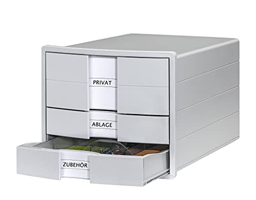 HAN Schubladenbox IMPULS 2.0 mit 3 geschlossenen Schubladen für DIN A4/C4 inkl. Beschriftungsschilder, Unterlagenbox, Boden mit Auszugsperre, möbelschonende Gummifüße, 1017-11, lichtgrau von HAN