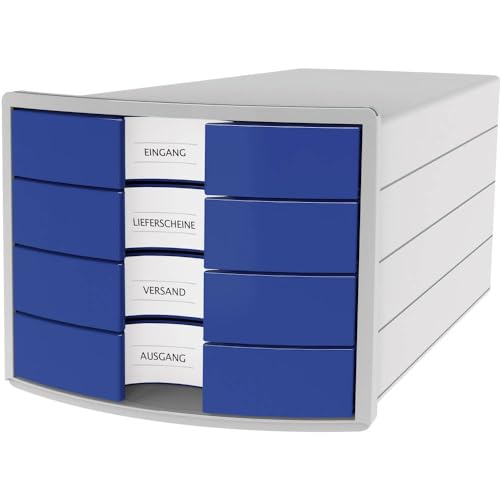HAN Schubladenbox IMPULS 2.0 mit 4 geschlossenen Schubladen für DIN A4/C4 inkl. Beschriftungsschilder, Auszugsperre, möbelschonende Gummifüße, Design in premium Qualität, 1012-14, lichtgrau / blau von HAN