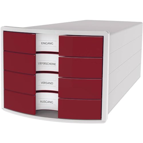 HAN Schubladenbox IMPULS 2.0 mit 4 geschlossenen Schubladen für DIN A4/C4 inkl. Beschriftungsschilder, Auszugsperre, möbelschonende Gummifüße, Design in premium Qualität, 1012-17, lichtgrau / rot von HAN