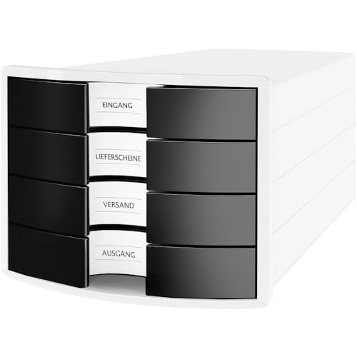 HAN Schubladenbox IMPULS 2.0 mit 4 geschlossenen Schubladen für DIN A4/C4 inkl. Beschriftungsschilder, Auszugsperre, möbelschonende Gummifüße, Design in premium Qualität, 1012-32, weiß / schwarz von HAN