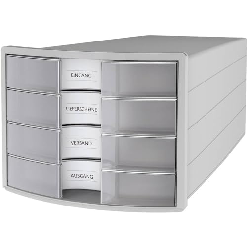 HAN Schubladenbox IMPULS 2.0 mit 4 geschlossenen Schubladen für DIN A4/C4 inkl. Beschriftungsschilder, Auszugsperre, möbelschonende Gummifüße, premium Qualität, 1012-63, lichtgrau / transluzent-klar von Hanlesi