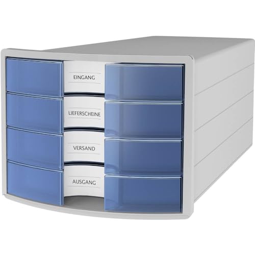 HAN Schubladenbox IMPULS 2.0 mit 4 geschlossenen Schubladen für DIN A4/C4 inkl. Beschriftungsschilder, Auszugsperre, möbelschonende Gummifüße, premium Qualität, 1012-64, lichtgrau / transluzent-blau von HAN