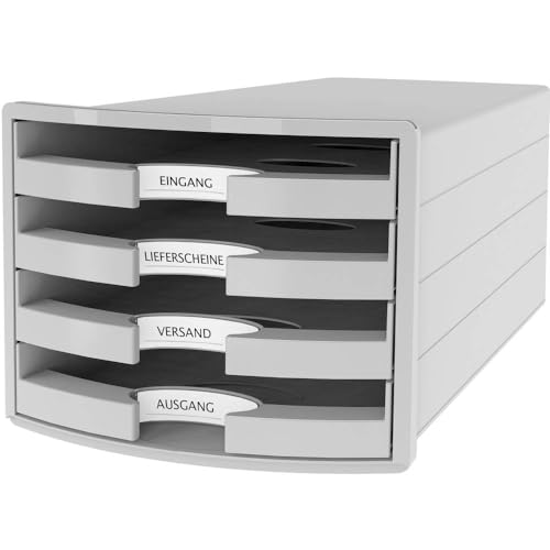 HAN Schubladenbox IMPULS 2.0 mit 4 offenen Schubladen für DIN A4/C4 inkl. Beschriftungsschilder, Auszugsperre, möbelschonende Gummifüße, Design in premium Qualität, 1013-11, lichtgrau von HAN