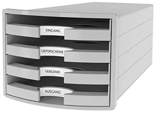 HAN Schubladenbox IMPULS 2.0 mit 4 offenen Schubladen für DIN A4/C4 inkl. Beschriftungsschilder, Auszugsperre, möbelschonende Gummifüße, Design in premium Qualität, 1013-11, lichtgrau von HAN