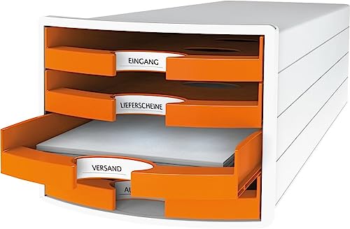 HAN Schubladenbox IMPULS 2.0 mit 4 offenen Schubladen für DIN A4/C4 inkl. Beschriftungsschilder, Auszugsperre, möbelschonende Gummifüße, Design in premium Qualität, 1013-51, weiß / orange von HAN