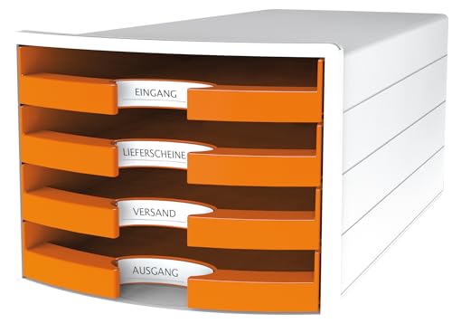 HAN Schubladenbox IMPULS 2.0 mit 4 offenen Schubladen für DIN A4/C4 inkl. Beschriftungsschilder, Auszugsperre, möbelschonende Gummifüße, Design in premium Qualität, 1013-51, weiß / orange von HAN