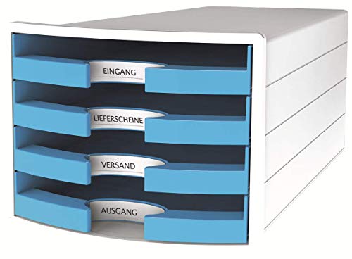HAN Schubladenbox IMPULS 2.0 mit 4 offenen Schubladen für DIN A4/C4 inkl. Beschriftungsschilder, Auszugsperre, möbelschonende Gummifüße, Design in premium Qualität, 1013-54, weiß / hellblau von HAN