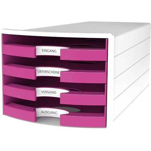 HAN Schubladenbox IMPULS 2.0 mit 4 offenen Schubladen für DIN A4/C4 inkl. Beschriftungsschilder, Auszugsperre, möbelschonende Gummifüße, Design in premium Qualität, 1013-56, weiß / pink von HAN