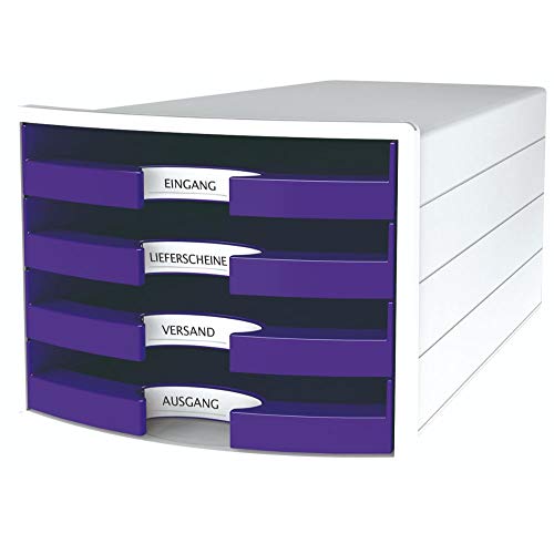 HAN Schubladenbox IMPULS 2.0 mit 4 offenen Schubladen für DIN A4/C4 inkl. Beschriftungsschilder, Auszugsperre, möbelschonende Gummifüße, Design in premium Qualität, 1013-57, weiß / lila von HAN