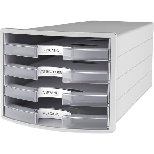 HAN Schubladenbox IMPULS 2.0 mit 4 offenen Schubladen für DIN A4/C4 inkl. Beschriftungsschilder, Auszugsperre, möbelschonende Gummifüße, premium Qualität, 1013-63, lichtgrau / transluzent-klar von HAN