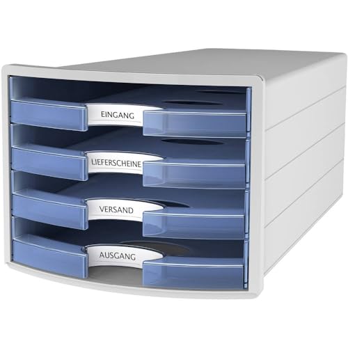 HAN Schubladenbox IMPULS 2.0 mit 4 offenen Schubladen für DIN A4/C4 inkl. Beschriftungsschilder, Auszugsperre, möbelschonende Gummifüße, premium Qualität, 1013-64, lichtgrau / transluzent-blau von HAN