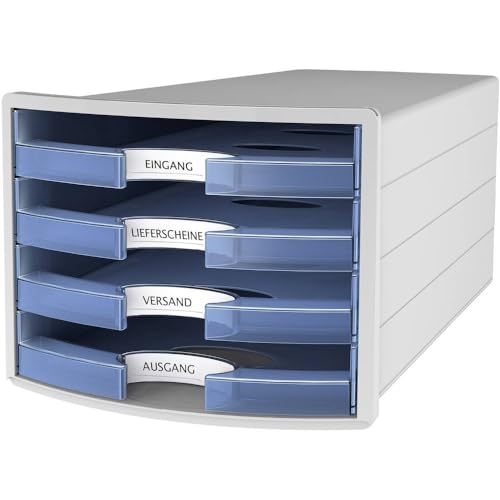 HAN Schubladenbox IMPULS 2.0 mit 4 offenen Schubladen für DIN A4/C4 inkl. Beschriftungsschilder, Auszugsperre, möbelschonende Gummifüße, premium Qualität, 1013-64, lichtgrau / transluzent-blau von HAN