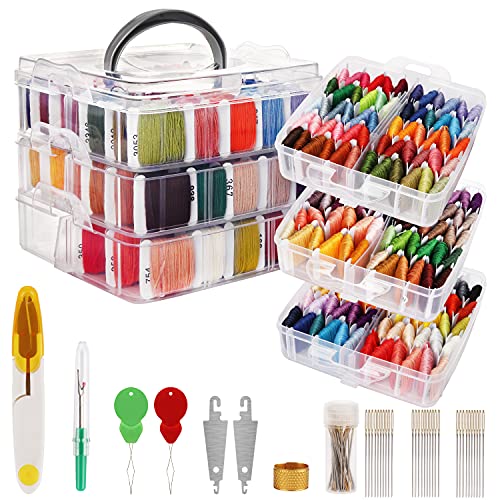 Handi Stitch Stickgarn Set - (187er Pack) - Kreuzstich Set mit 3-Stufiger Transparenter Garn Aufbewahrungsbox - 150 Farbstränge auf Papierspulen - Bunte Wolle zum Basteln & Freundschaftsbänder Knüpfen von HANDI STITCH