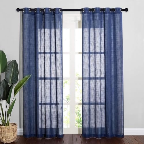 HANGEENGS Leinen Vorhänge Mit Ösen Natürliche Leinenstruktur Gardinen Für Fenster Schlafzimmer Wohnzimmer,Voile Vorhang Sheer Leinenvorhang Transparente Leinen Gardinen,Blau,200x90 cm(BxH) von HANGEENGS