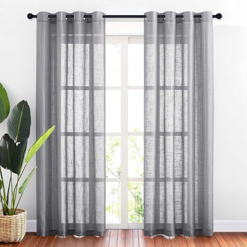 HANGEENGS Leinen Vorhänge Mit Ösen Natürliche Leinenstruktur Gardinen Für Fenster Schlafzimmer Wohnzimmer,Voile Vorhang Sheer Leinenvorhang Transparente Leinen Gardinen,Grau,130x215 cm(BxH) von HANGEENGS