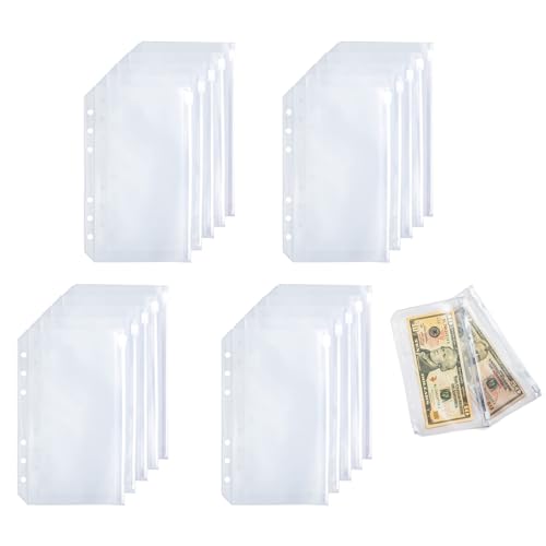 HANGELI 20 x 6-Loch-Bindertaschen, 6 Löcher, Geldumschläge, transparent, Reißverschluss, Quittungsmappen, 6 Löcher, Geldbeutel von HANGELI