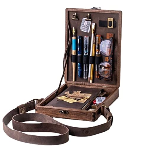 Schriftsteller Messenger Holzbox, Multifunktions-Retro-Holzhandgemachtes Werkzeug und Pinsel-Aufbewahrungsbox, tragbare Crossbody-Postbote-Tasche für Künstler-Malerei von HANQ