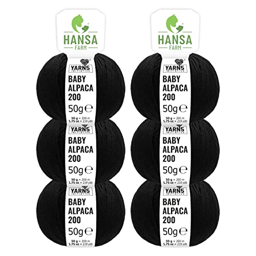HANSA-FARM | 100% Baby Alpakawolle in 50+ Farben (kratzfrei) - 300g Set (6 x 50g) - weiche Alpaka Wolle zum Stricken & Häkeln in 6 Garnstärken by Hansa-Farm - Schwarz von HANSA-FARM
