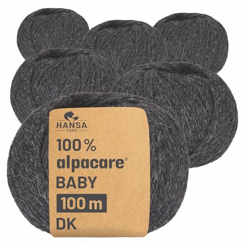 HANSA-FARM | Alpacare 100% waschbare Baby Alpakawolle in 25 Farben - 300 Set DK (6 x 50g) - Die 1. maschinenwaschbare 100% Alpaca Wolle - kratzfreie Alpaka Wolle zum Stricken & Häkeln - Anthrazit von HANSA-FARM