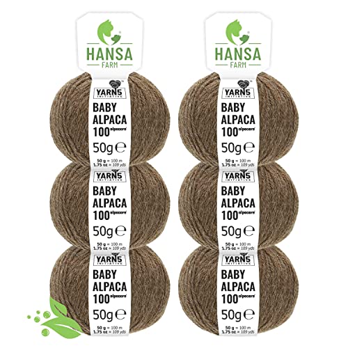 HANSA-FARM | Alpacare 100% waschbare Baby Alpakawolle in 25 Farben - 300 Set DK (6 x 50g) - Die 1. maschinenwaschbare 100% Alpaca Wolle - kratzfreie Alpaka Wolle zum Stricken & Häkeln - Braun von HANSA-FARM