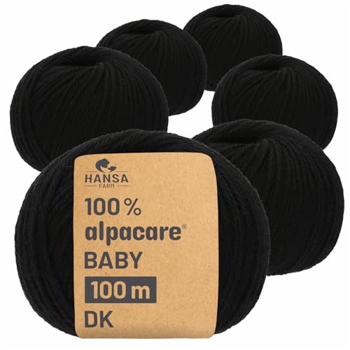 HANSA-FARM | Alpacare 100% waschbare Baby Alpakawolle in 25 Farben - 300 Set DK (6 x 50g) - Die 1. maschinenwaschbare 100% Alpaca Wolle - kratzfreie Alpaka Wolle zum Stricken & Häkeln - Schwarz von HANSA-FARM