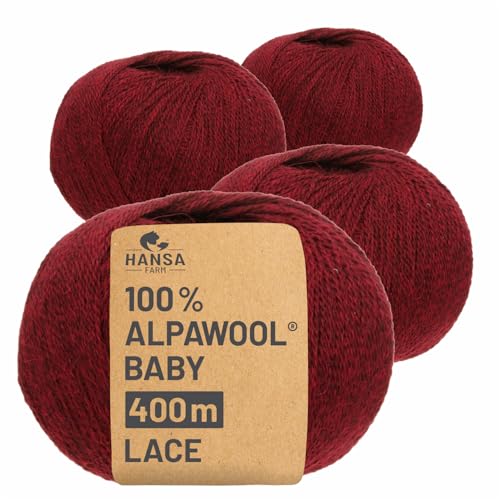 HANSA-FARM | 100% Baby Alpakawolle in 50+ Farben (kratzfrei) - 200g Set (4 x 50g) - weiche Alpaka Wolle zum Stricken & Häkeln in 6 Garnstärken by Hansa-Farm - Weinrot Heather (Dunkel-Rot) von HANSA-FARM