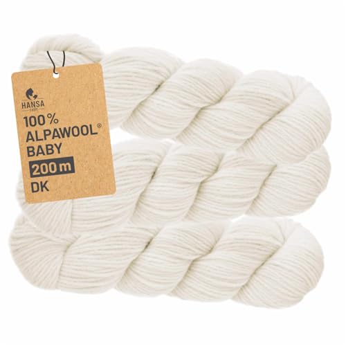 HANSA-FARM | 100% Baby Alpakawolle in 50+ Farben (kratzfrei) - 300g Set (3 x 100g Zopf) - weiche Alpaka Wolle zum Stricken & Häkeln in 6 Garnstärken by Hansa-Farm - Natur (Weiß/Wollweiß) von HANSA-FARM