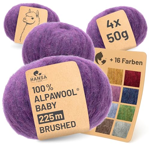 HANSA-FARM |Alpawool 100% Baby Alpaka Brushed 200g Set (4 x 50g) leichte und kratzfreie Wolle zum Stricken & Häkeln - HF204 Lila Melange von HANSA-FARM
