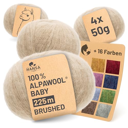 HANSA-FARM |Alpawool 100% Baby Alpaka Brushed 200g Set (4 x 50g) leichte und kratzfreie Wolle zum Stricken & Häkeln - NFA02 Beige von HANSA-FARM