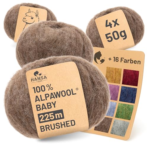 HANSA-FARM |Alpawool 100% Baby Alpaka Brushed 200g Set (4 x 50g) leichte und kratzfreie Wolle zum Stricken & Häkeln - NFA06 Braun von HANSA-FARM