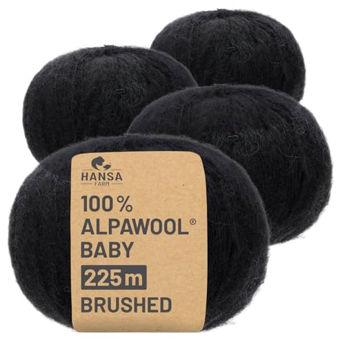 HANSA-FARM |Alpawool 100% Baby Alpaka Brushed 200g Set (4 x 50g) leichte und kratzfreie Wolle zum Stricken & Häkeln - NFA15 Schwarz von HANSA-FARM