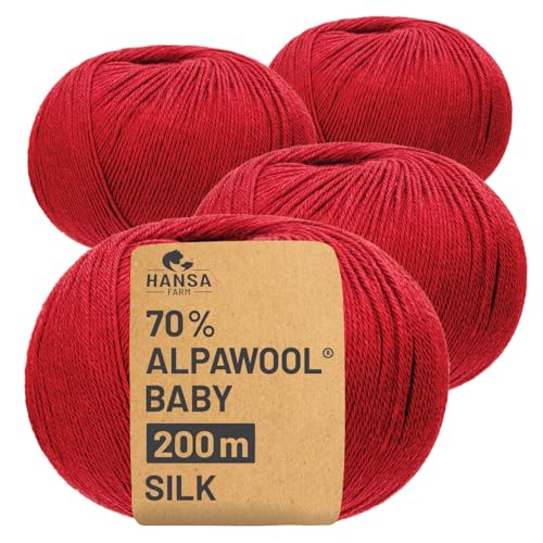 HANSA-FARM |Alpawool 70% Baby Alpaka mit 30% Seide 200g Set (4 x 50g) seidige und kratzfreie Wolle zum Stricken & Häkeln - CF177 Rot von HANSA-FARM