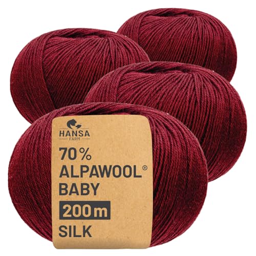 HANSA-FARM |Alpawool 70% Baby Alpaka mit 30% Seide 200g Set (4 x 50g) seidige und kratzfreie Wolle zum Stricken & Häkeln - CF179 Weinrot von HANSA-FARM
