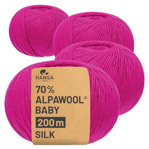 HANSA-FARM |Alpawool 70% Baby Alpaka mit 30% Seide 200g Set (4 x 50g) seidige und kratzfreie Wolle zum Stricken & Häkeln - CF194 Pink von HANSA-FARM