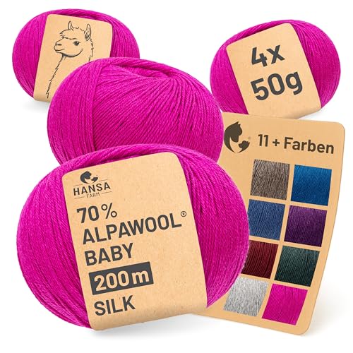 HANSA-FARM |Alpawool 70% Baby Alpaka mit 30% Seide 200g Set (4 x 50g) seidige und kratzfreie Wolle zum Stricken & Häkeln - CF194 Pink von HANSA-FARM