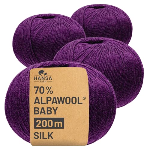 HANSA-FARM |Alpawool 70% Baby Alpaka mit 30% Seide 200g Set (4 x 50g) seidige und kratzfreie Wolle zum Stricken & Häkeln - CF205 Lila von HANSA-FARM