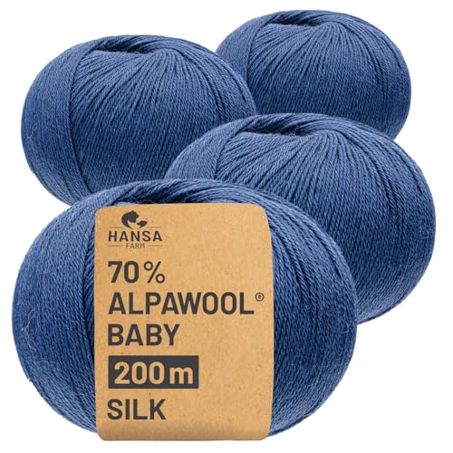 HANSA-FARM |Alpawool 70% Baby Alpaka mit 30% Seide 200g Set (4 x 50g) seidige und kratzfreie Wolle zum Stricken & Häkeln - CF245 Jeansblau von HANSA-FARM
