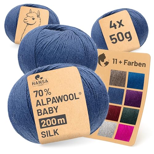 HANSA-FARM |Alpawool 70% Baby Alpaka mit 30% Seide 200g Set (4 x 50g) seidige und kratzfreie Wolle zum Stricken & Häkeln - CF245 Jeansblau von HANSA-FARM