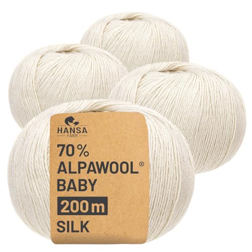 HANSA-FARM |Alpawool 70% Baby Alpaka mit 30% Seide 200g Set (4 x 50g) seidige und kratzfreie Wolle zum Stricken & Häkeln - NFA01 Natur von HANSA-FARM