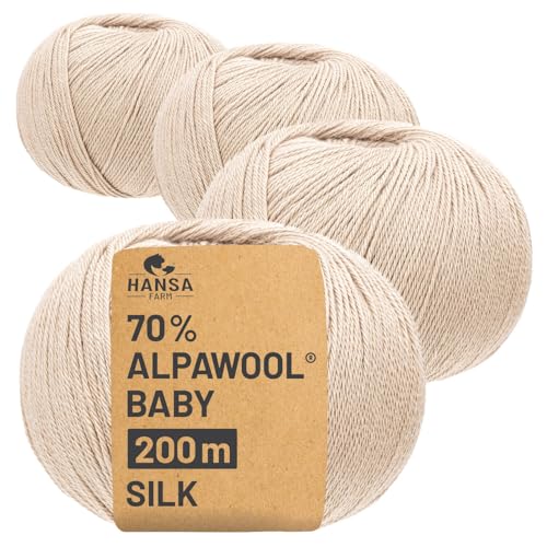 HANSA-FARM |Alpawool 70% Baby Alpaka mit 30% Seide 200g Set (4 x 50g) seidige und kratzfreie Wolle zum Stricken & Häkeln - NFA02 Beige von HANSA-FARM