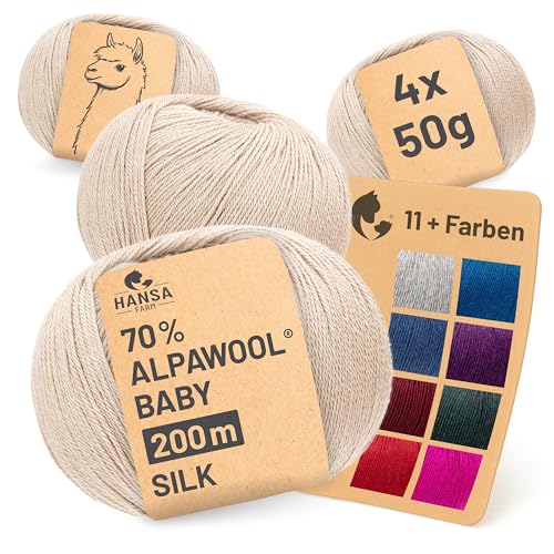 HANSA-FARM |Alpawool 70% Baby Alpaka mit 30% Seide 200g Set (4 x 50g) seidige und kratzfreie Wolle zum Stricken & Häkeln - NFA02 Beige von HANSA-FARM