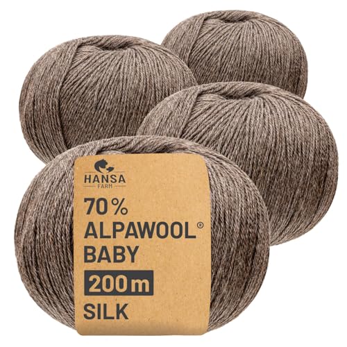 HANSA-FARM |Alpawool 70% Baby Alpaka mit 30% Seide 200g Set (4 x 50g) seidige und kratzfreie Wolle zum Stricken & Häkeln - NFA06 Braun von HANSA-FARM