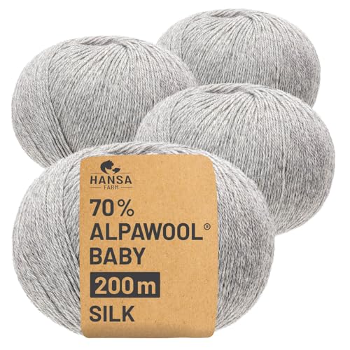 HANSA-FARM |Alpawool 70% Baby Alpaka mit 30% Seide 200g Set (4 x 50g) seidige und kratzfreie Wolle zum Stricken & Häkeln - NFA09 Silbergrau von HANSA-FARM