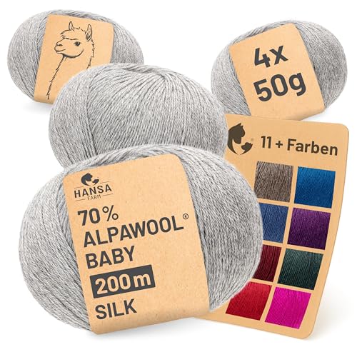 HANSA-FARM |Alpawool 70% Baby Alpaka mit 30% Seide 200g Set (4 x 50g) seidige und kratzfreie Wolle zum Stricken & Häkeln - NFA09 Silbergrau von HANSA-FARM
