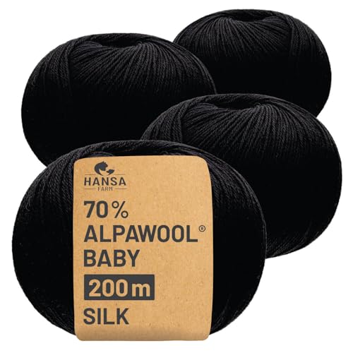 HANSA-FARM |Alpawool 70% Baby Alpaka mit 30% Seide 200g Set (4 x 50g) seidige und kratzfreie Wolle zum Stricken & Häkeln - NFA15 Schwarz von HANSA-FARM