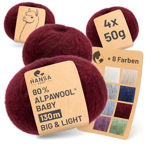 HANSA-FARM |Alpawool 80% Baby Alpaka Big & Light 200g Set (4 x 50g) leichte und kratzfreie Wolle zum Stricken & Häkeln - HF179 Weinrot Melange von HANSA-FARM