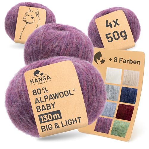 HANSA-FARM |Alpawool 80% Baby Alpaka Big & Light 200g Set (4 x 50g) leichte und kratzfreie Wolle zum Stricken & Häkeln - HF197 Beere Melange von HANSA-FARM